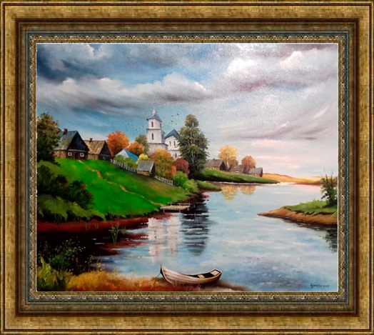 Peisaj de toamna cu barca la mal